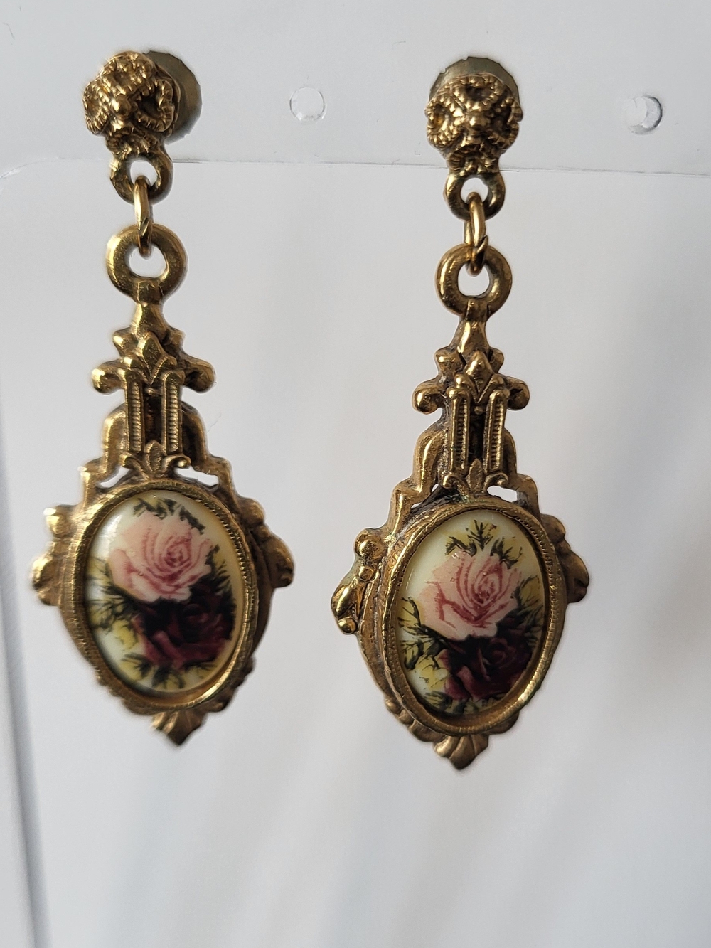 Vintage Goldtone  Drop Earrings with Pink Rose Cameo